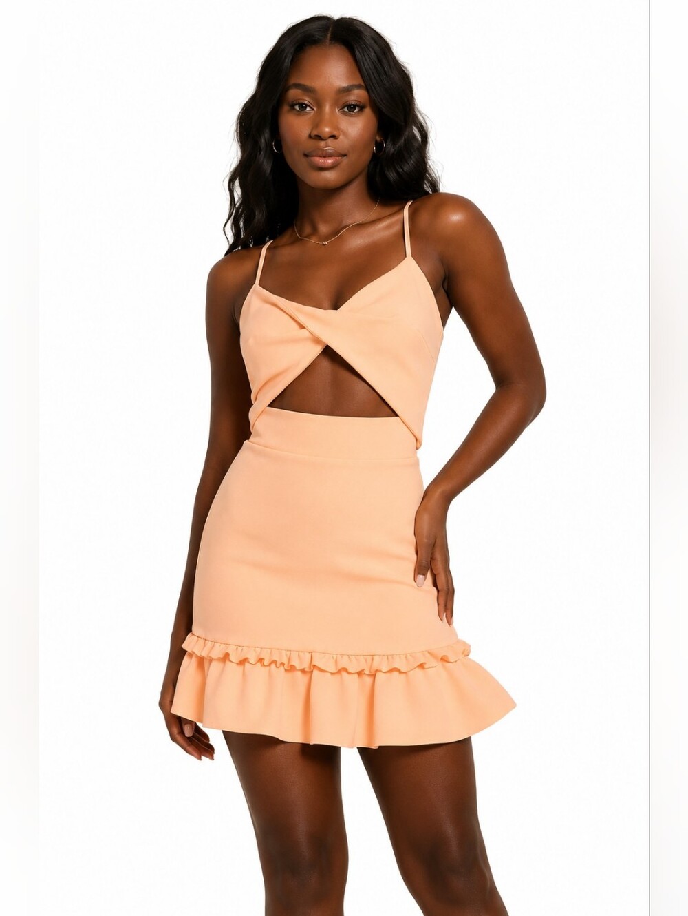 ASOS Peach Twist Front Cutout Ruffle Hem Mini Dress Size 8 Party Date Night